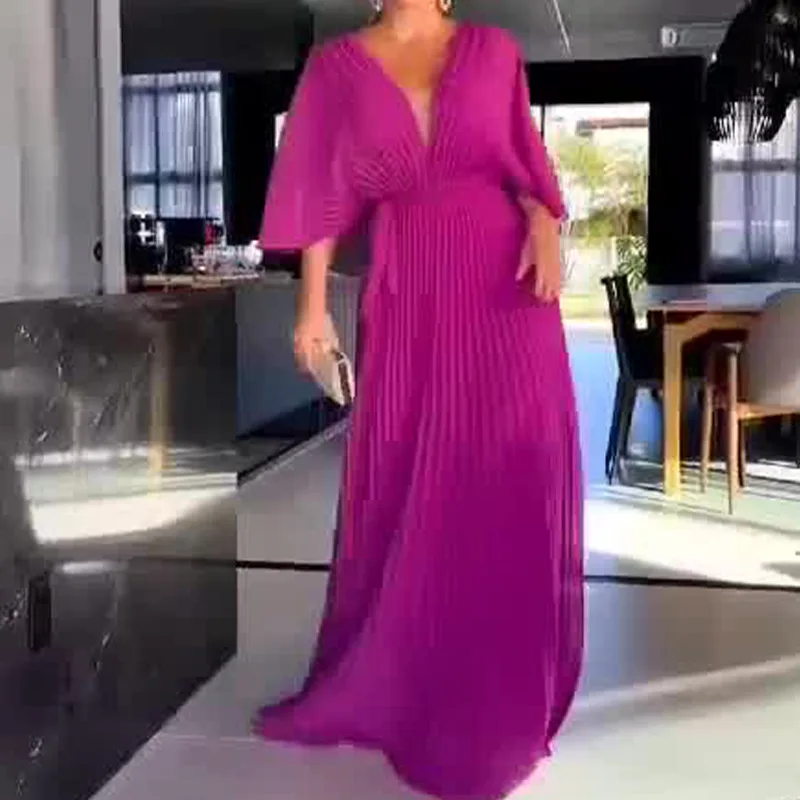 Robe taille haute à manches chauve-souris pour femmes, robe plissée décontractée, version coréenne, document solide, col en V, nouvelle mode, automne, éducatif, Y2k