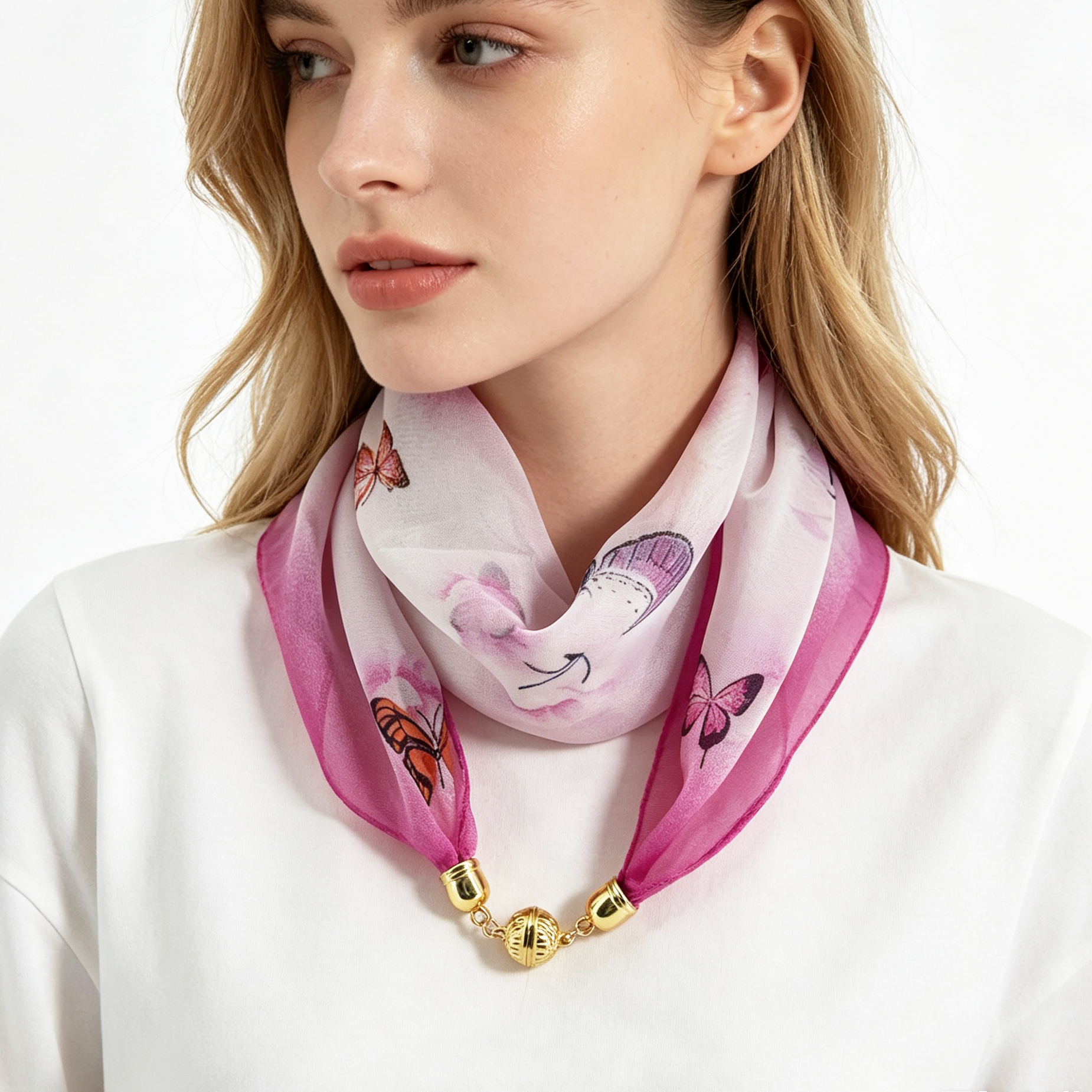 Écharpe à imprimé papillons avec boucle magnétique, foulard décoratif fin en mousseline, sans nœud complexe, facile à porter et à enlever