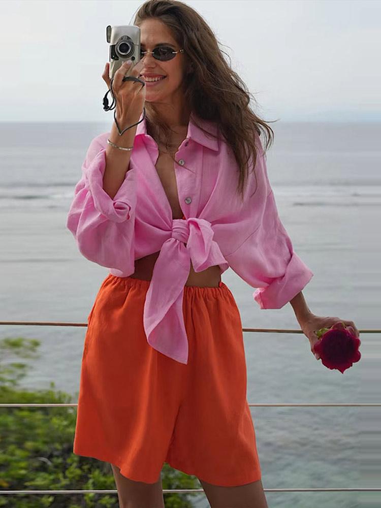 Chemise ample en coton et lin pour femmes, chemisier élégant rose surdimensionné, haut à revers à manches longues, mode printemps été