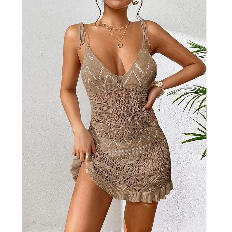 Robe de plage dos nu pour femme, robe d'été solide, document brillant, robe de plage