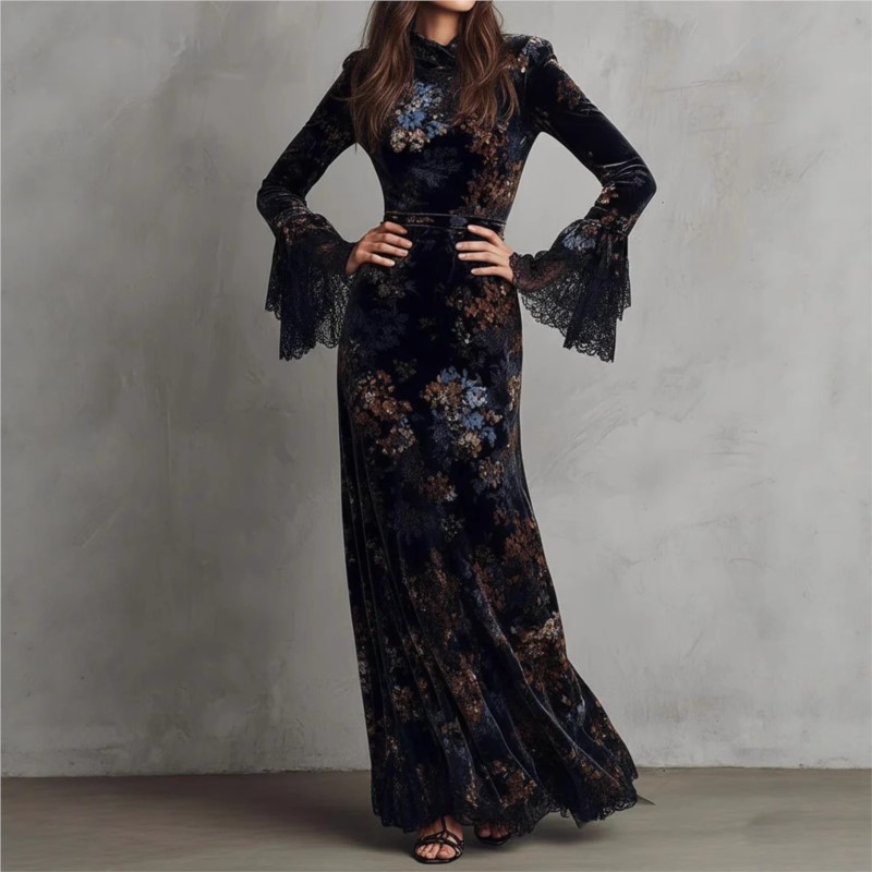 Robe vintage pour femmes en velours à imprimé floral, élégante, à col mi-haut, manches longues, bordure en dentelle, robe moulante, robe maxi décontractée et tendance.