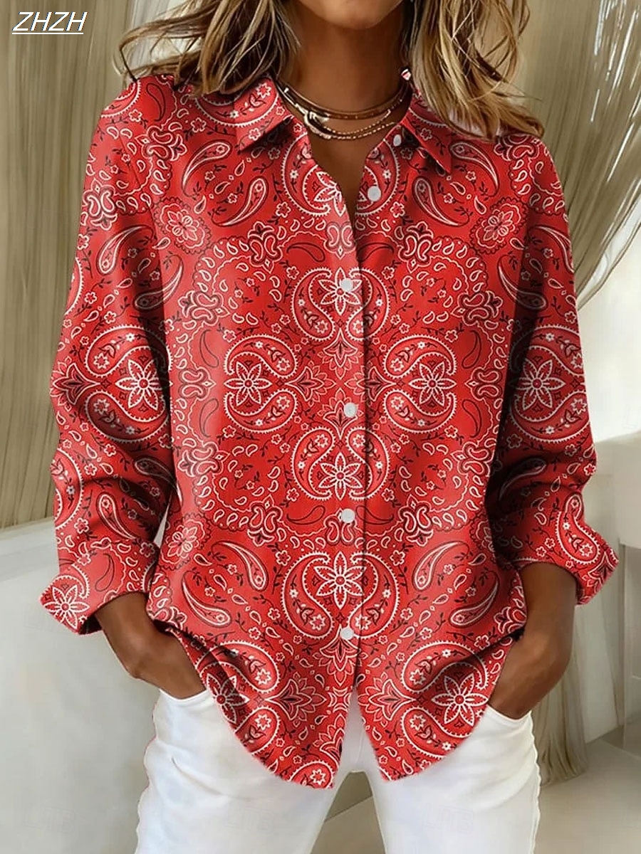 Chemise femme chemisier Paisley élégant élégant moderne à manches longues col de chemise hauts réguliers travail imprimé été printemps automne hiver