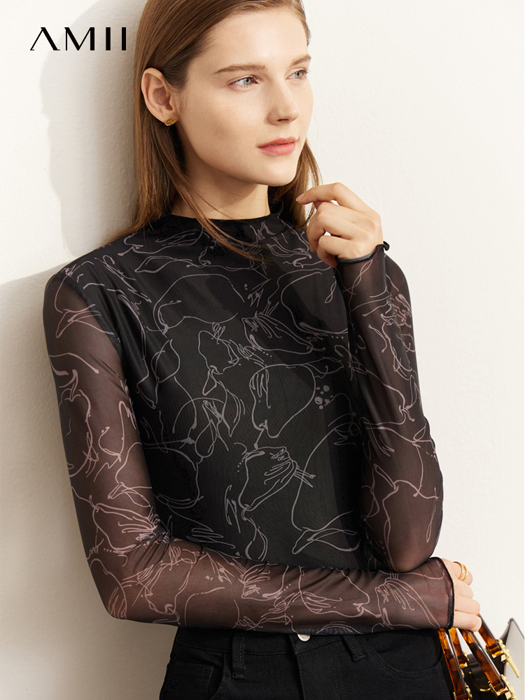 Amii Minimalism 2026 Nouvelle Collection Automne T-shirts à Manches Longues Femme Mode Imprimé Maille Fines Blouses Slim Tenue de Bureau pour Femme 12423105