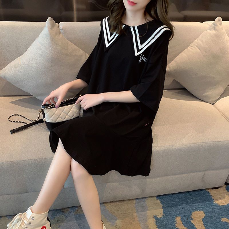 Preppy Style noir ample t-shirt robe été nouveau à manches courtes couleur unie rayé Patchwork hauts doux mode femmes vêtements