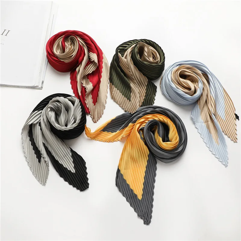 70*70 cm foulard doux deux couleurs épissage foulard décoratif femmes Hijab foulards froissé plissé foulard en soie Satin Hijab