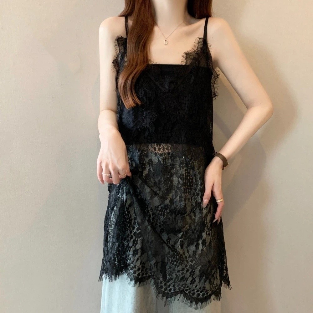Élégante tenue de plage : Ensemble jupe et caraco en dentelle, style décontracté d'été, avec bordure en dentelle, col en V doux, haut sans manches pour femmes/filles