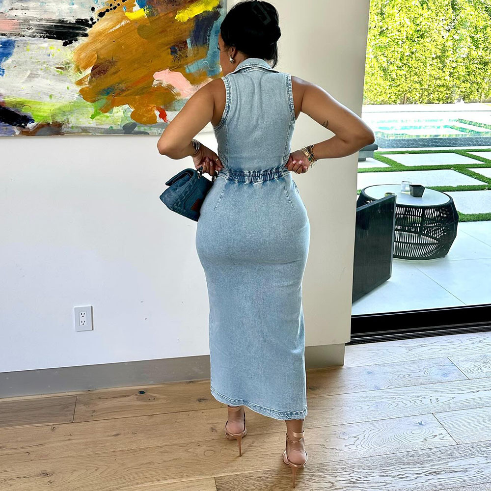 Robe en jean pour femme, sexy, sans manches, à col revers, avec fente et découpes, style mode
