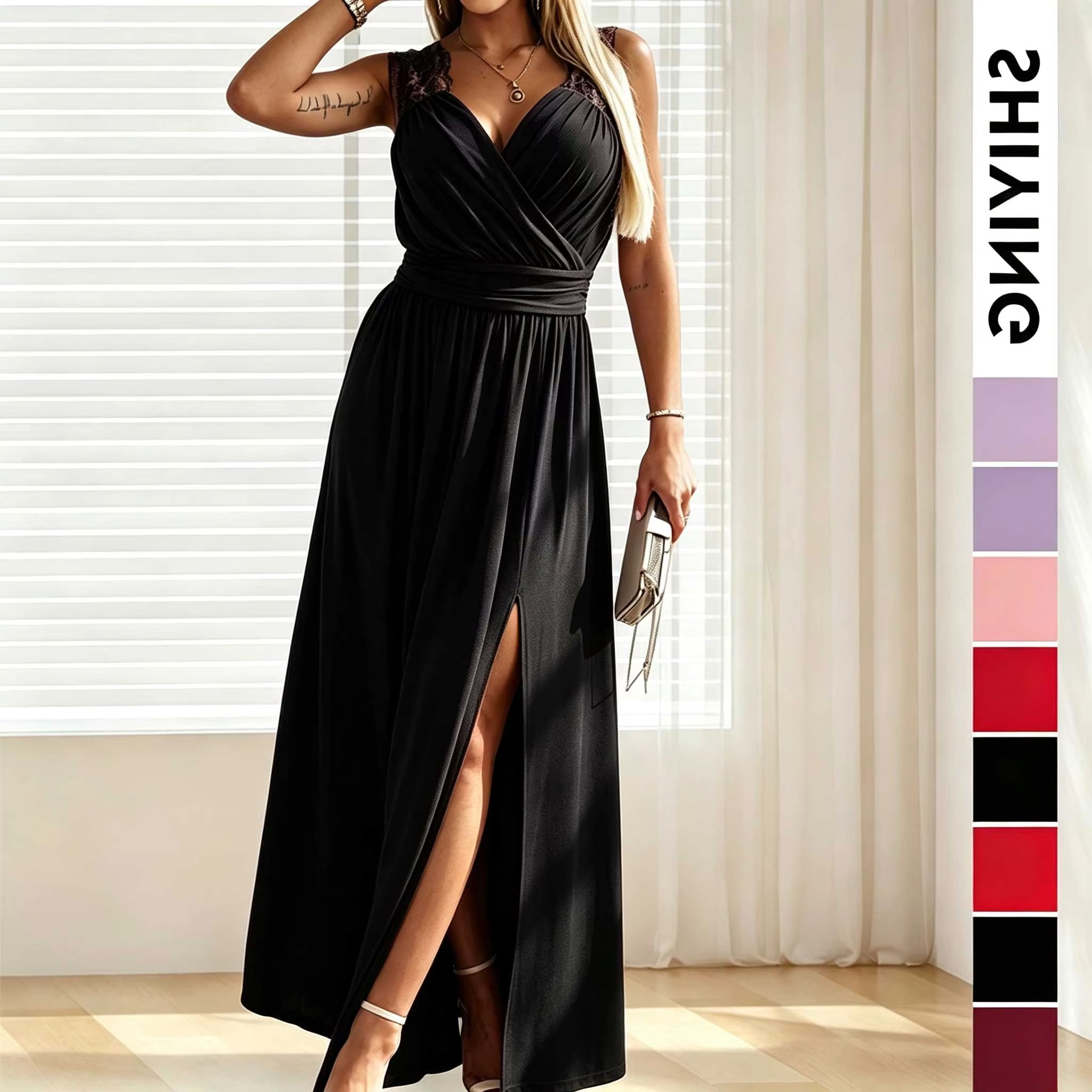 Robe de soirée élégante pour femme, col en V, épaules en dentelle, sans manches, fente, taille cintrée, plissée, robe longue de soirée formelle pour bal de promo