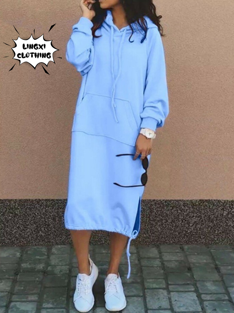 Robe pull à capuche pour femme, grande taille, élégante, avec poches fendues, chaude, longue, mode automne et hiver 2023
