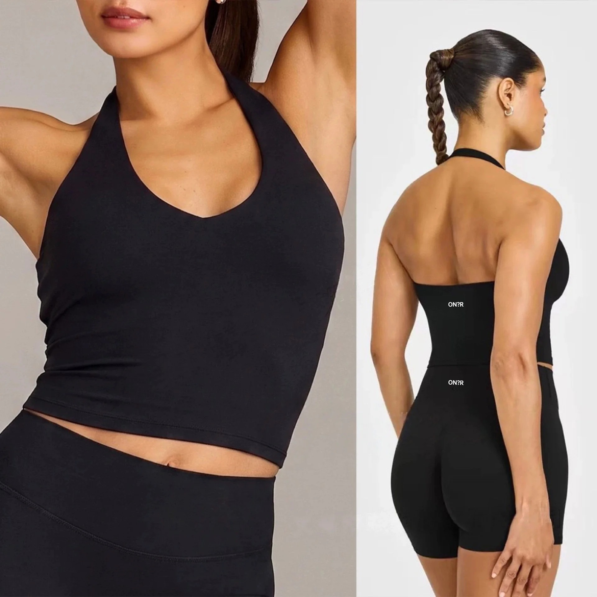 Ensemble Athlétique Assorti : Crop Top Sportif Halter Col V Dos Nu et Pantalon Taille Haute Ample Respirant Extensible pour Gym, Yoga et Fitness