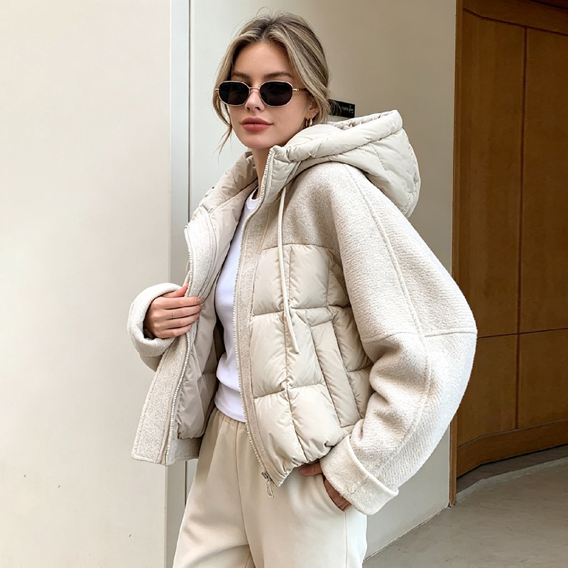 Veste courte matelassée en coton pour femme avec capuche à cordon de serrage, empiècements en tissu et fermeture éclair – Idéale pour les trajets quotidiens