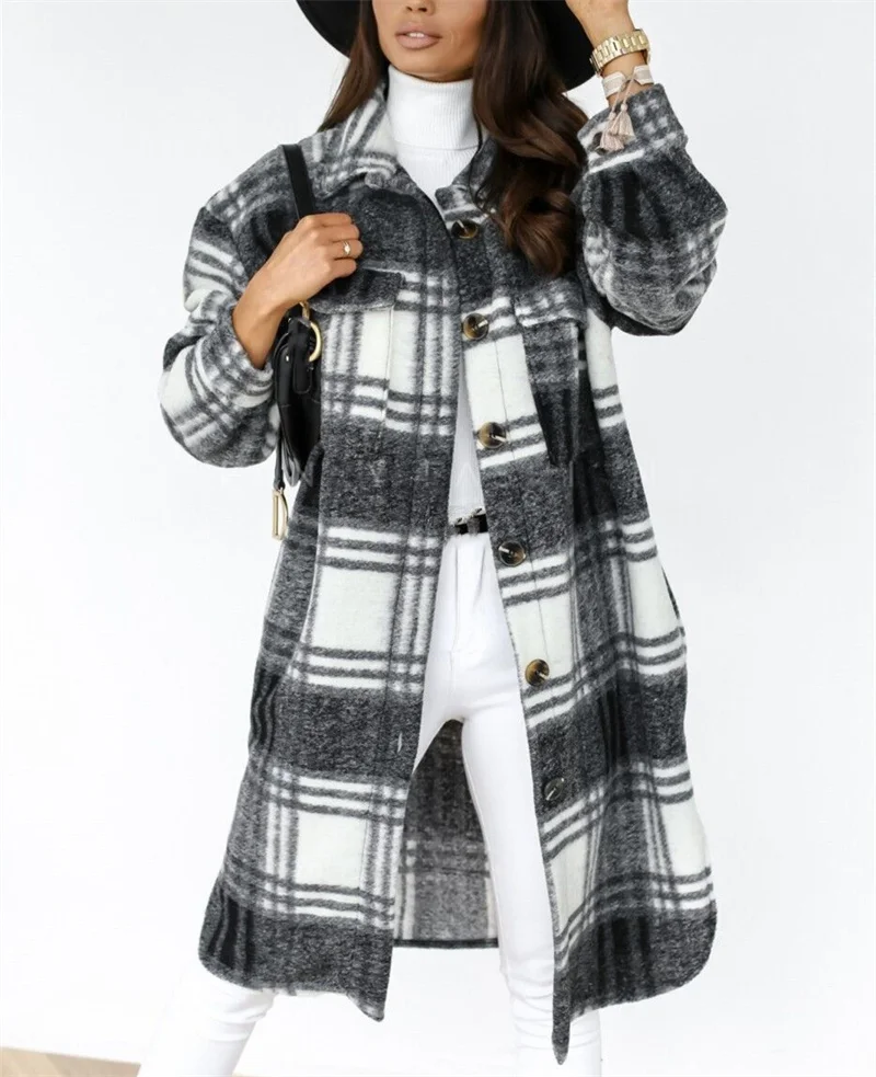 Femmes vérifier Tweed chemise longue automne hiver épaissi chaud simple boutonnage Cardigan Blouse femme décontracté Double poches vêtements d'extérieur