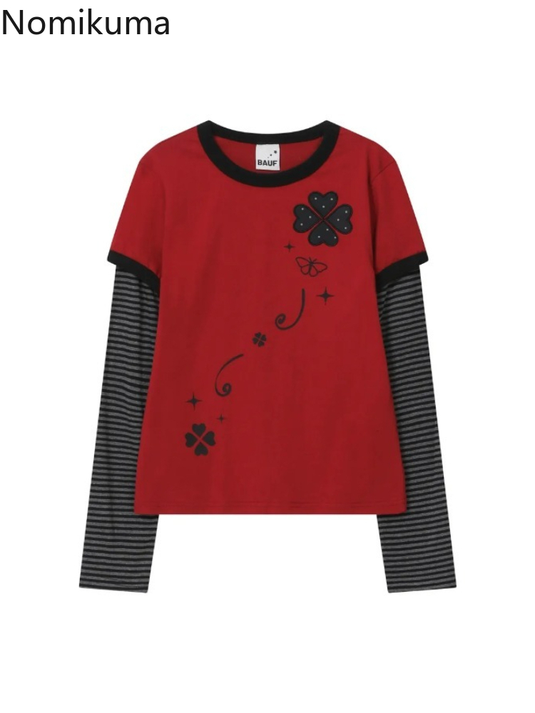 Mode femme t-shirts faux deux hauts à manches longues tunique col rond t-shirts broderie décontracté Camisetas Patchwork rayé Simple T-shirt