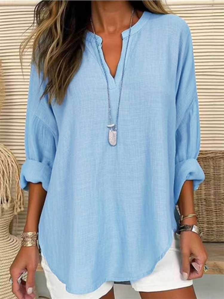 T-Shirt manches longues col en v pour femmes, décontracté, ample, mode automne, haut bleu élégant, vêtements de travail pour dames de bureau