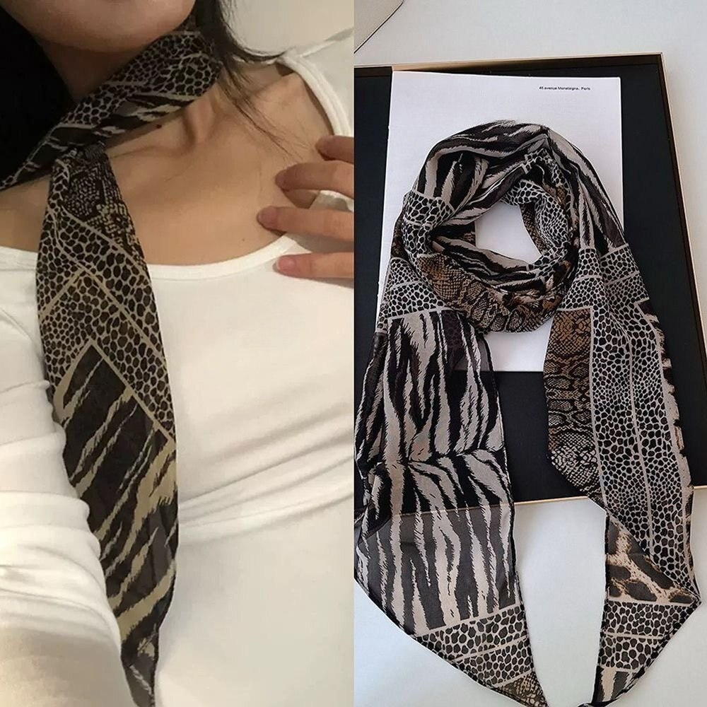 Léopard petite longue écharpe en soie femmes sangle en mousseline de soie hiver chaud coupe-vent Y2k écharpe irrégulière déchets monde Punk pour discothèque fête