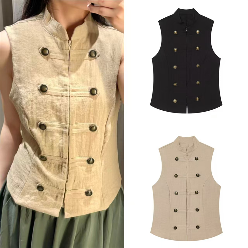 Gilet pour femme 2026 – Nouvelle collection été – Gilet sans manches uni avec boutons décoratifs – Décontracté et polyvalent