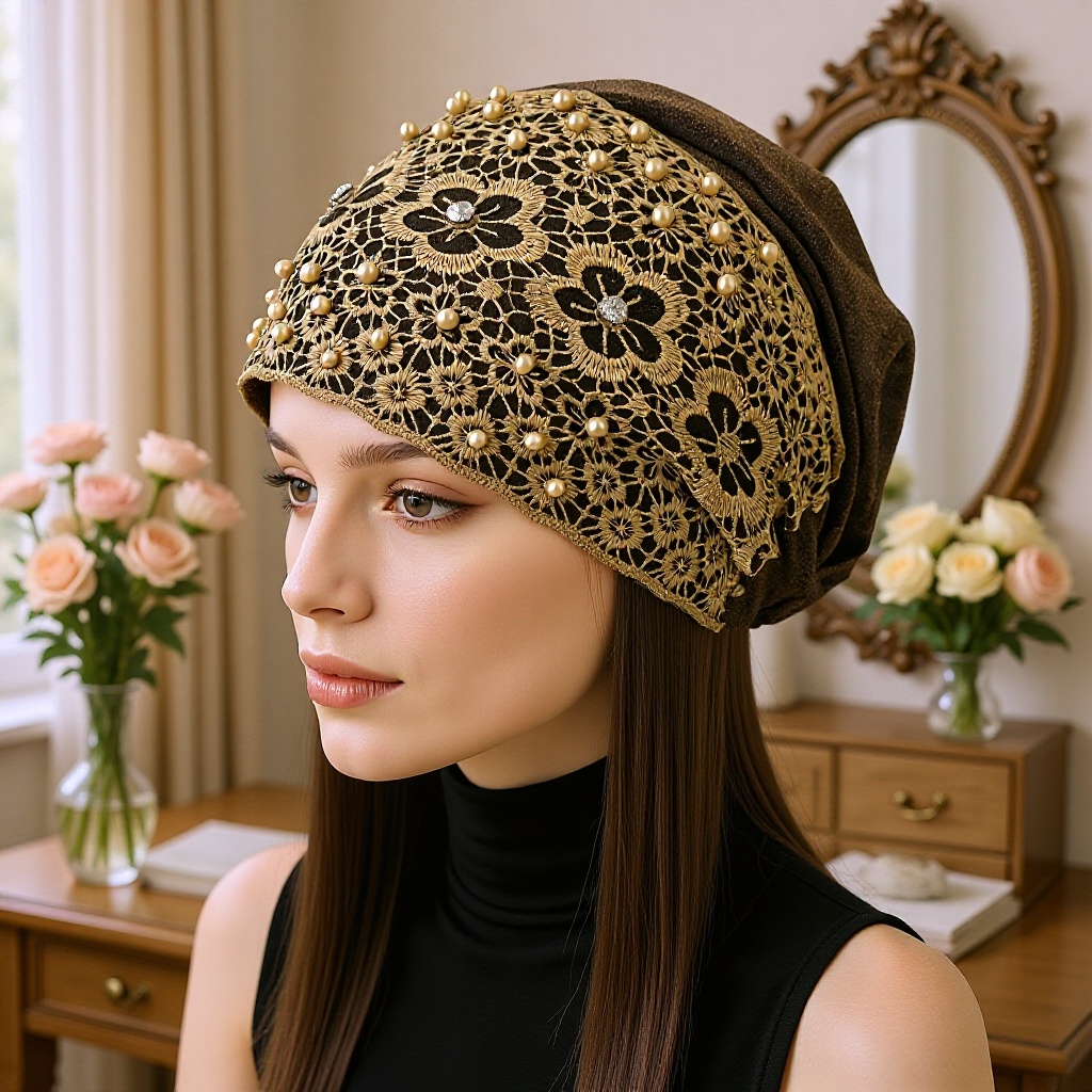 Turban en dentelle brodé pour femme, bonnet de mode, foulard musulman, couvre-chef pour perte de cheveux, chimiothérapie