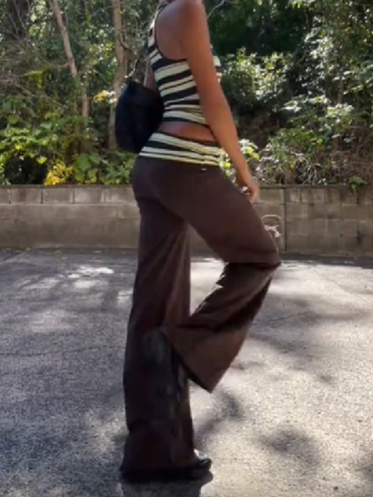 Ensemble deux pièces pour femme, débardeur court côtelé rayé marron, pantalon évasé taille basse, style Y2K, sans manches, pantalon large assorti