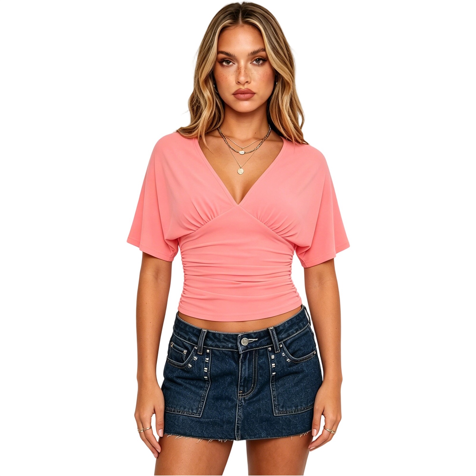 T-shirts décontractés pour femmes à manches courtes, hauts froncés coupe ajustée, col en V, style court d'été, t-shirt court grunge pour femmes, streetwear