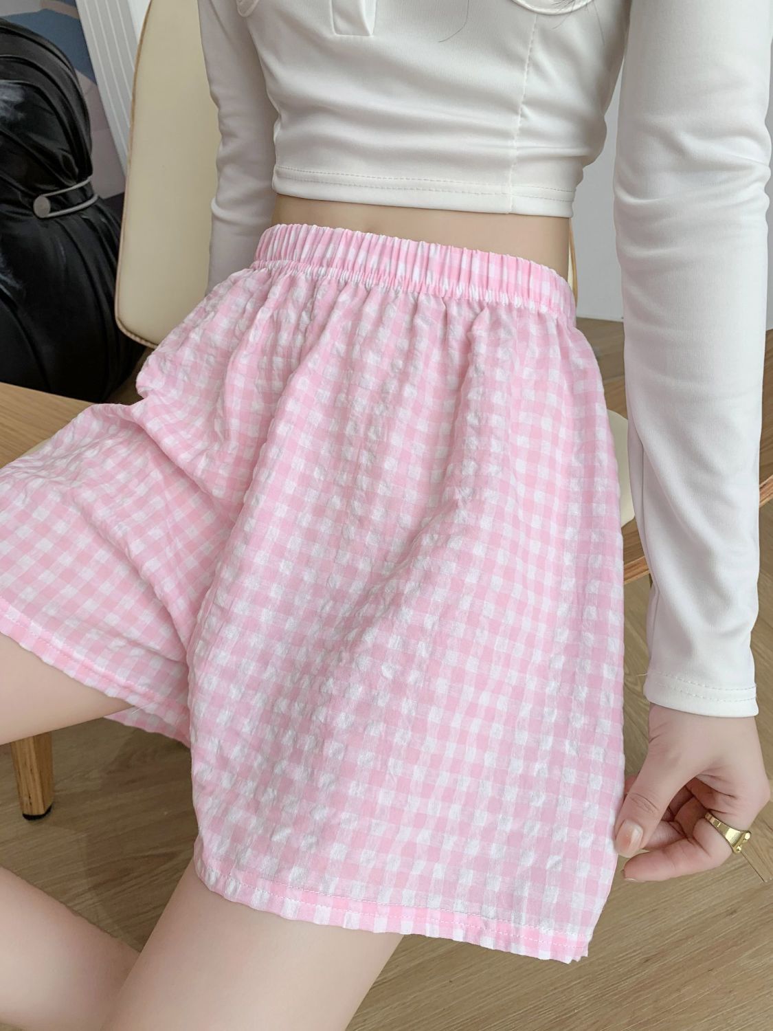 Shorts d'été pour femmes, taille haute, amincissants, à jambes larges, style sport décontracté, amples, à carreaux, type pyjama