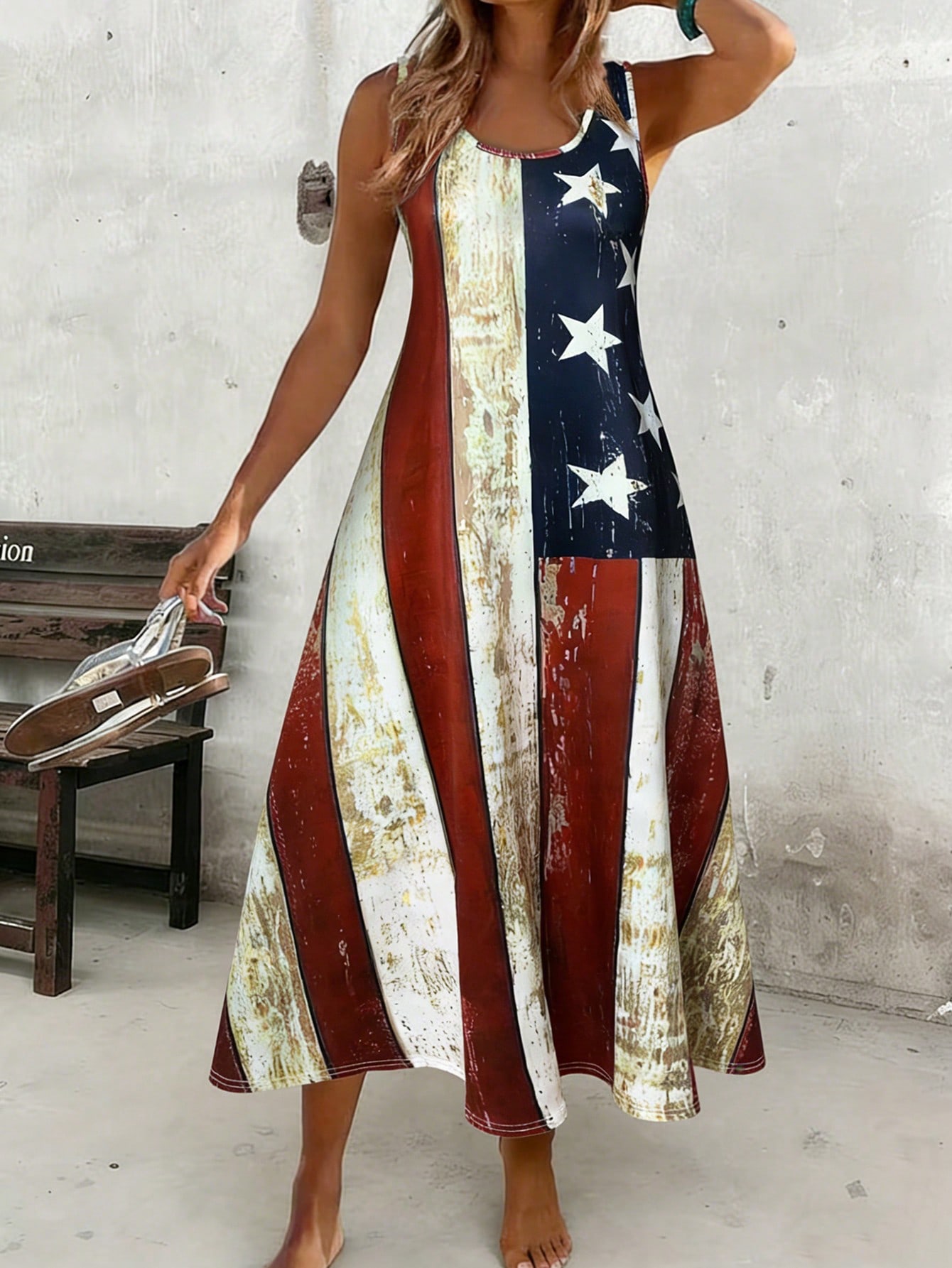Robe longue décontractée pour femmes avec imprimé drapeau américain - Robe d'été à col rond, tenue décontractée pour les vacances
