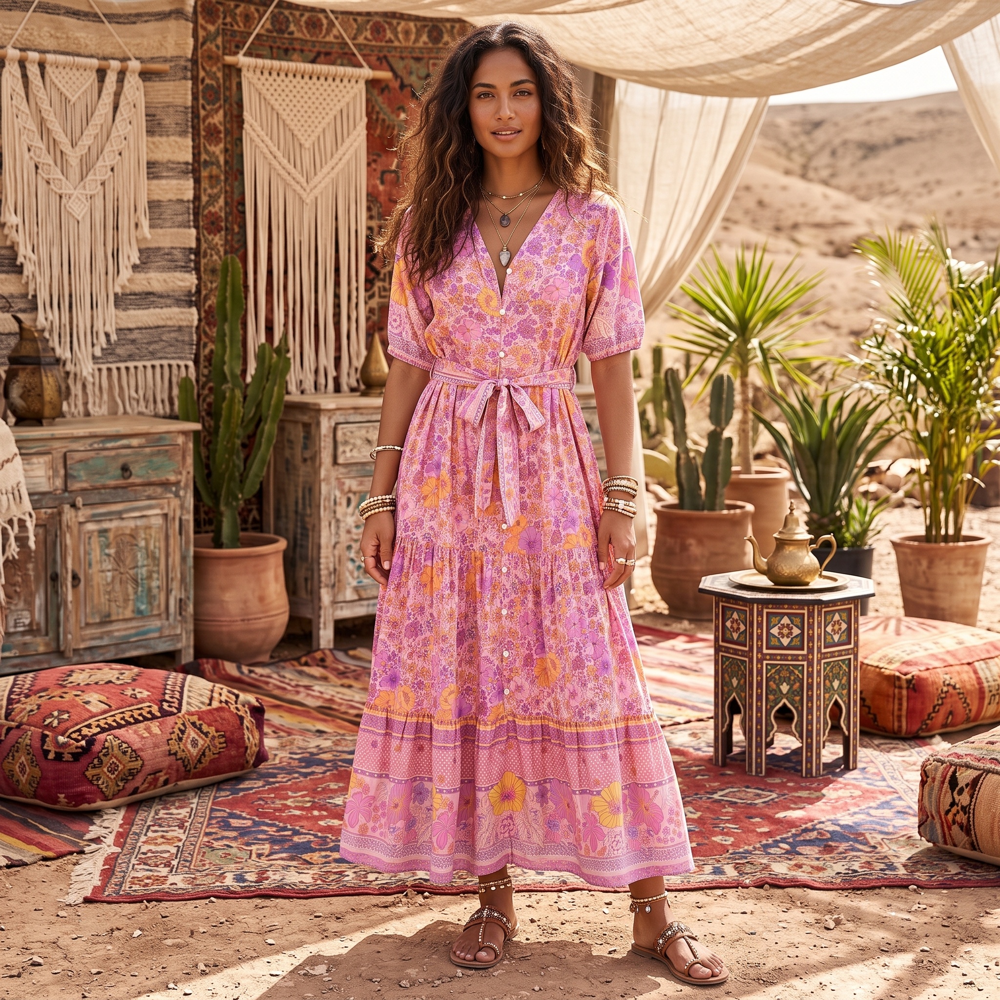Robe longue à lacets pour femmes, style Boho, imprimé Floral, boutons, style bohème, manches courtes, été