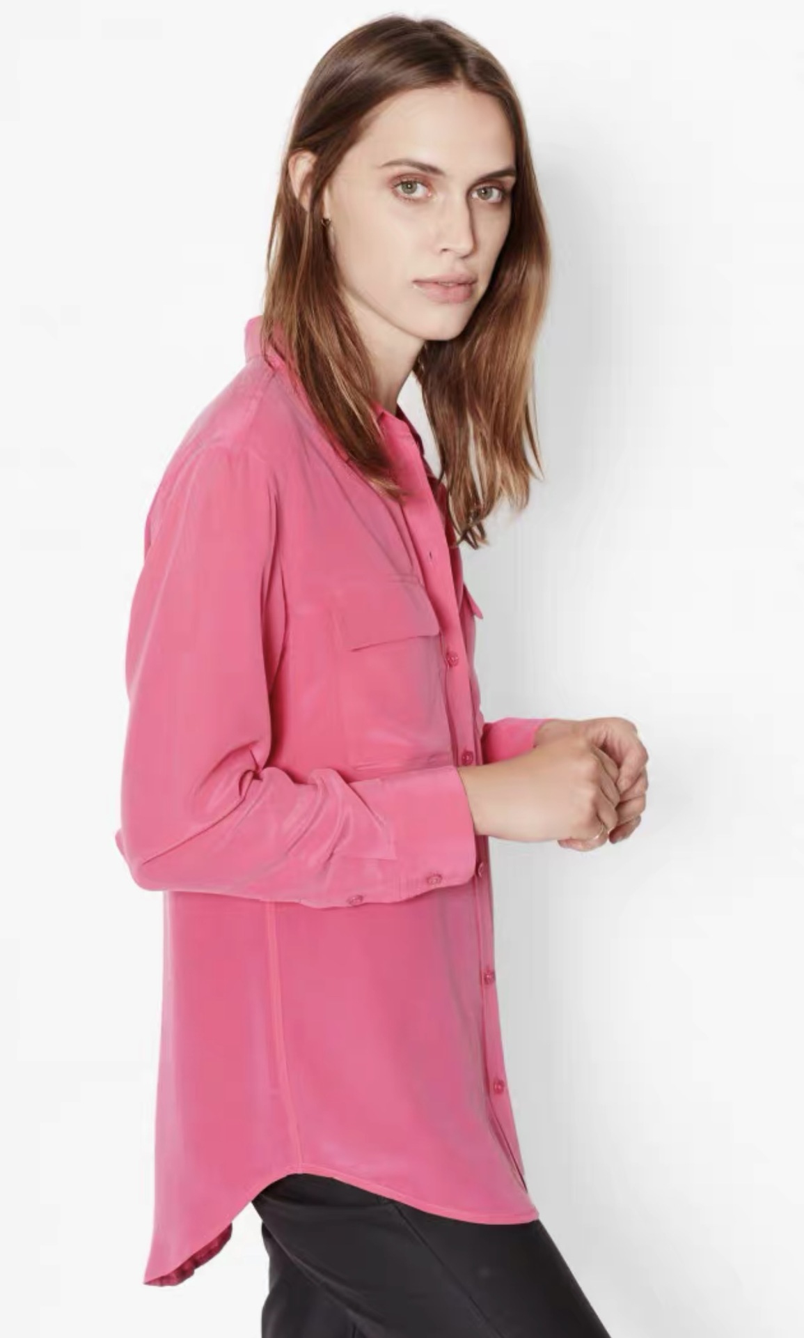 Femmes chemises en soie véritable classique Double poches couleur unie décontracté mode à manches longues chemise mince Blouses t-shirts