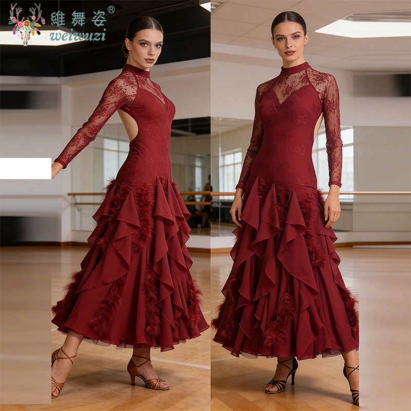 Robe de danse moderne à manches en dentelle, robes de compétition de danse de salon pour femmes, jupe à grand balançoire pour la danse de valse, costumes de performance standard