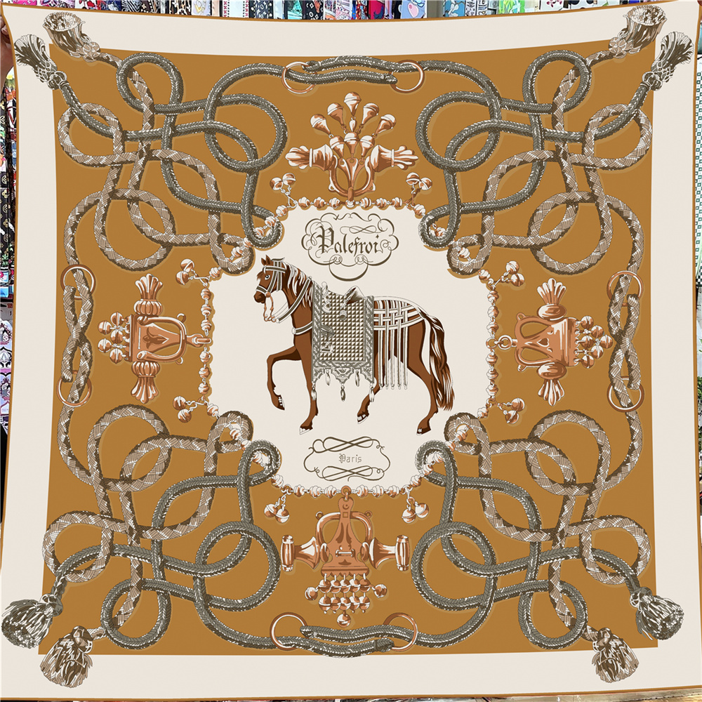 Foulard carré 135 cm en 30 % soie et 70 % cachemire pour femme, imprimé chaînes de chevaux, bords roulés à la main, grands hijabs, bandanas, écharpes et foulards féminins