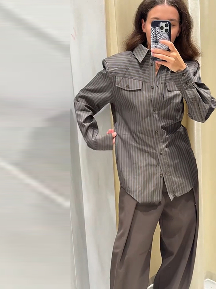 Ensemble chemise et pantalon droit décontracté pour femmes, rétro Chic, chemise cintrée à la taille, pantalon ample, tenues de rue classiques d'automne