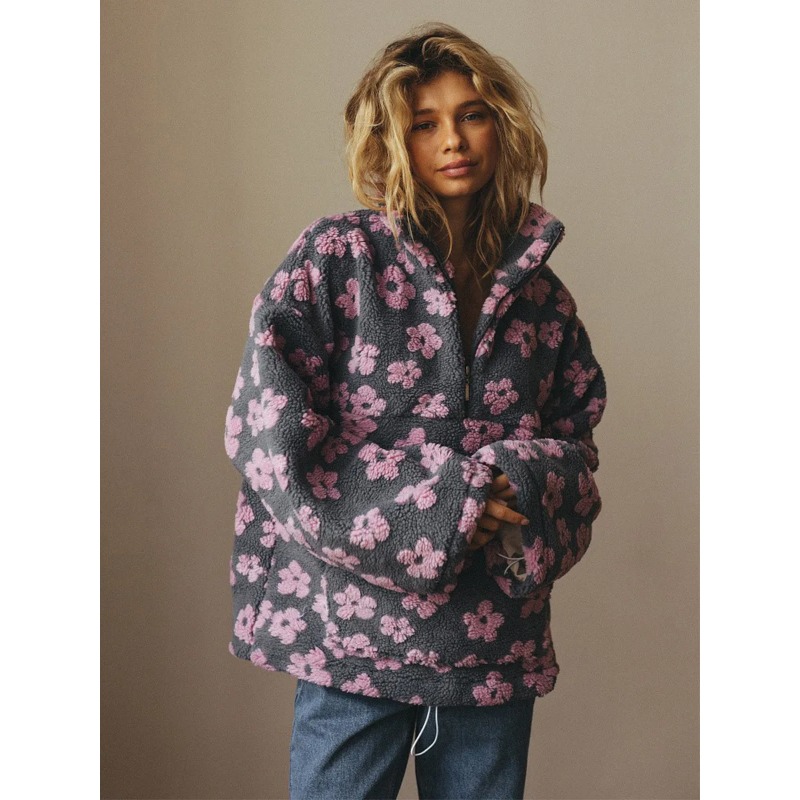 Pull en polaire à fleurs tendance pour femmes 2026, pull en coton, ample, chaud, col montant en fourrure, fermeture éclair