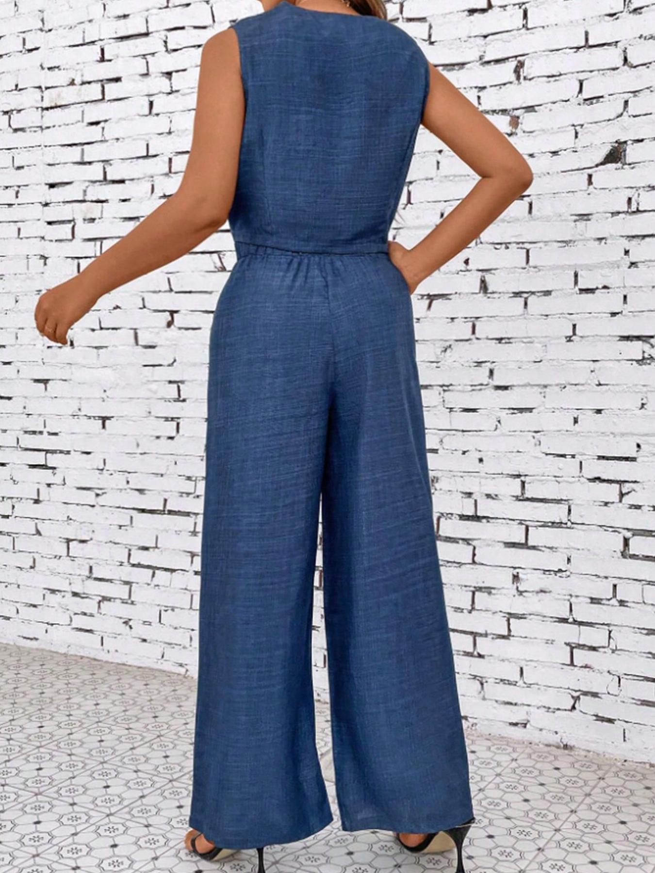 Ensemble sans manches pour femme, débardeur col en V avec pantalon large, tenue décontractée pour le quotidien, coupe ajustée courte