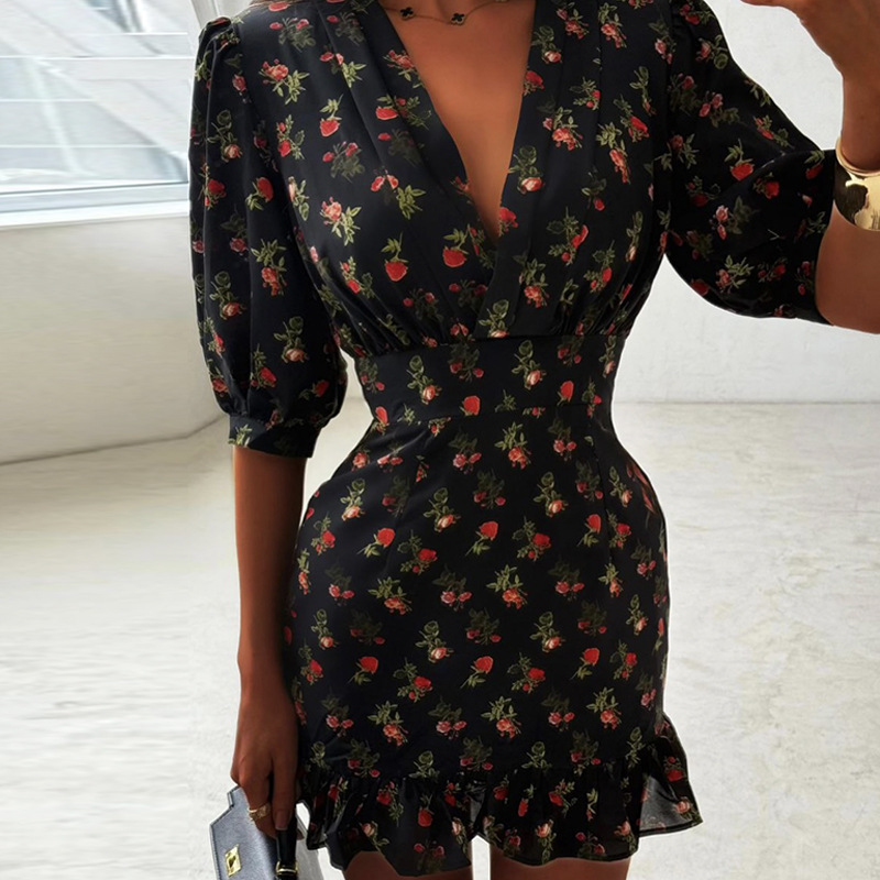 Robe Courte Femme Printemps 2026 Nouvelle Collection Imprimée Manches Bulles Volants Style Frais et Doux