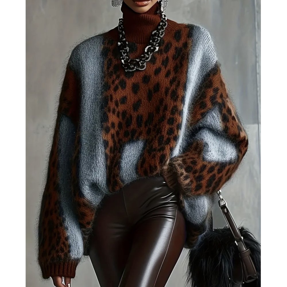 Pull ample rétro à imprimé léopard pour femme, chaud et épais, idéal pour l'automne et l'hiver