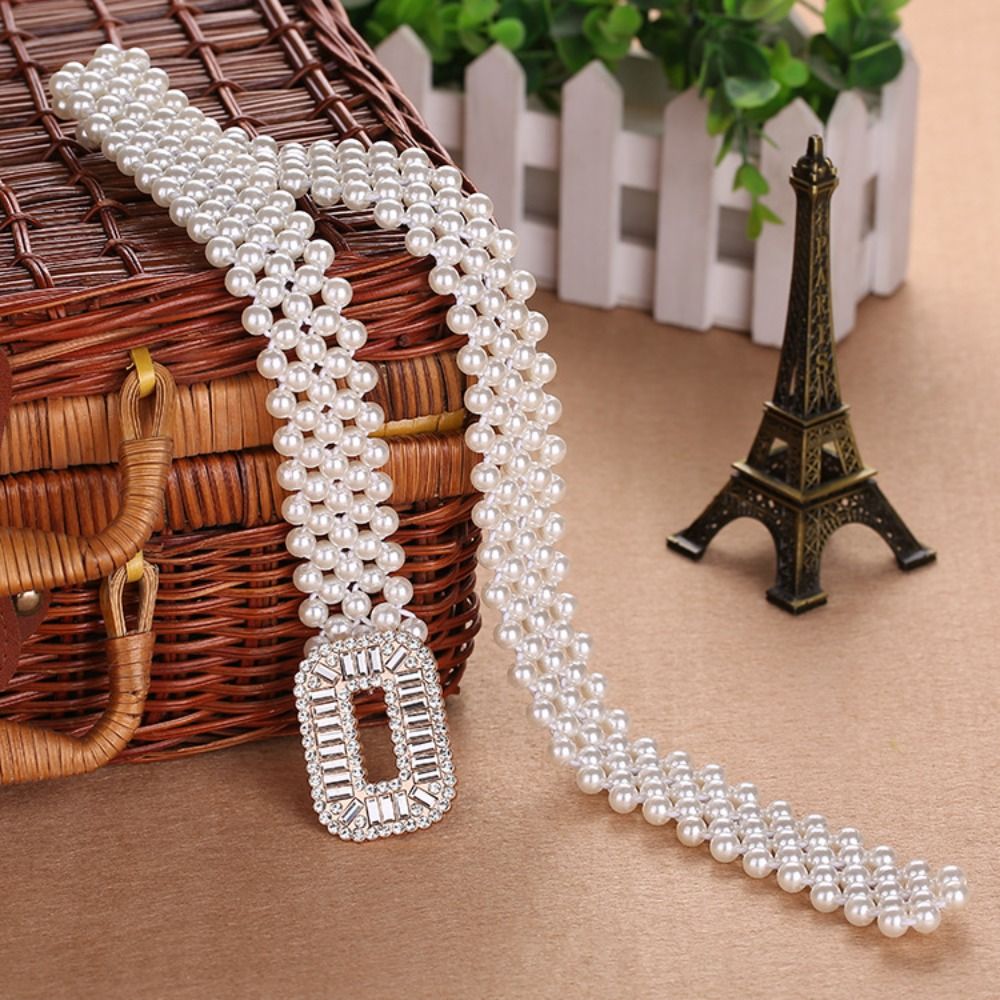 Ceinture Décorative Femme Élastique Fine à Boucle Métallique avec Perles, Style Décontracté et Polyvalent