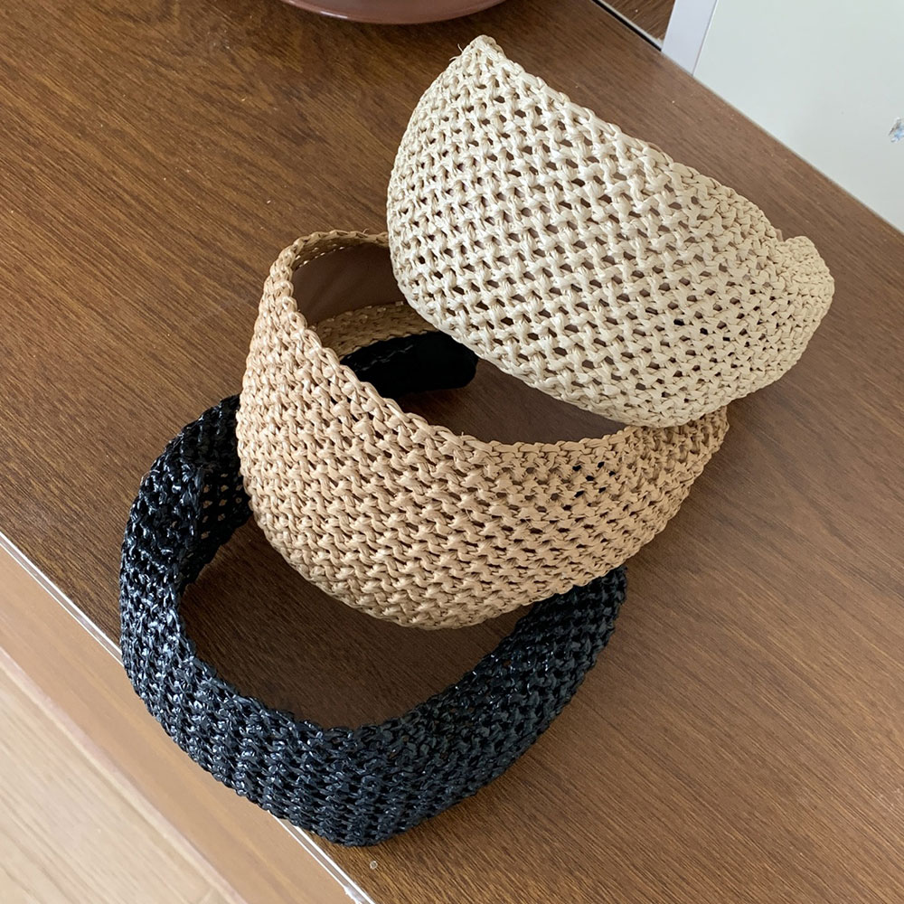 Serre-tête en rotin tressé de 6,5 cm de large pour femme, bandeau en paille tressée, style bohème, accessoire de coiffure à large bord