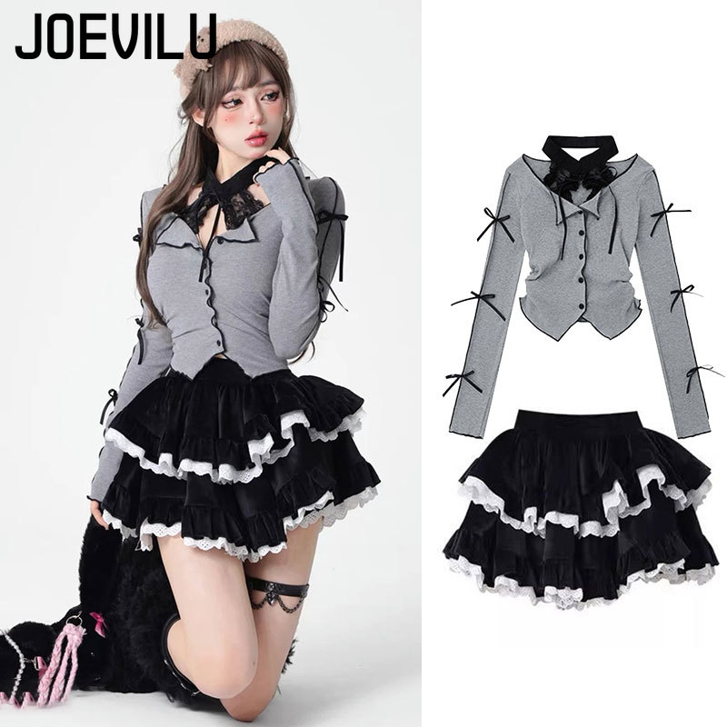Gothic Skirt Set Bow Tie Tied Top Ballet Style Skirt 2 Piece Sets Lace Corduroy Mini Cake Layered Skirt Women Outfits Y2k Suit