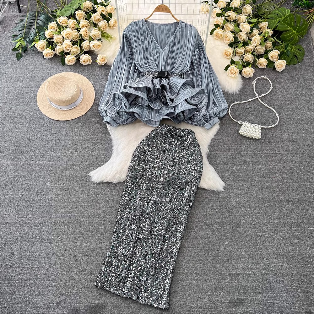 Ensemble 2 pièces élégant pour femmes, haut de gamme, mode d'été, col en V, ceinture, volants, hauts courts + taille haute, jupes longues et Slim, jupes de fête