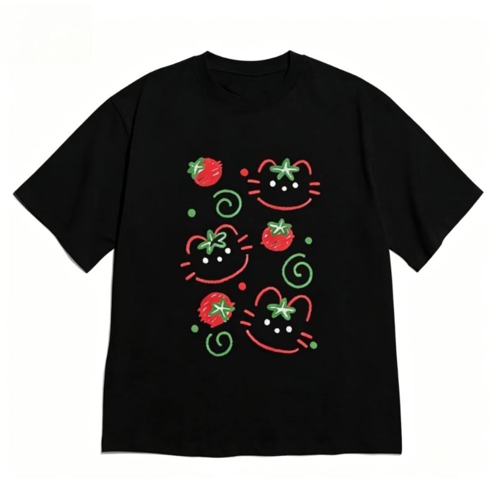 T-shirt de mode coréenne esthétique, imprimé chat mignon et tomate, manches courtes pour femmes et hommes, tee-shirt minimaliste à col rond, polyvalent.
