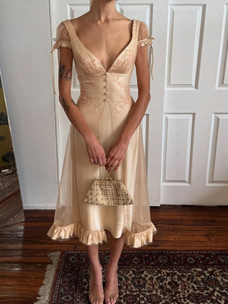 Robe Vintage Chic pour Femme, Col en V Profond, Maille et Satin, Bretelles à Nouer, Nœud au Dos, Ourlet à Volants, Robe Midi, Robe de Soirée pour Invitée Été 2026