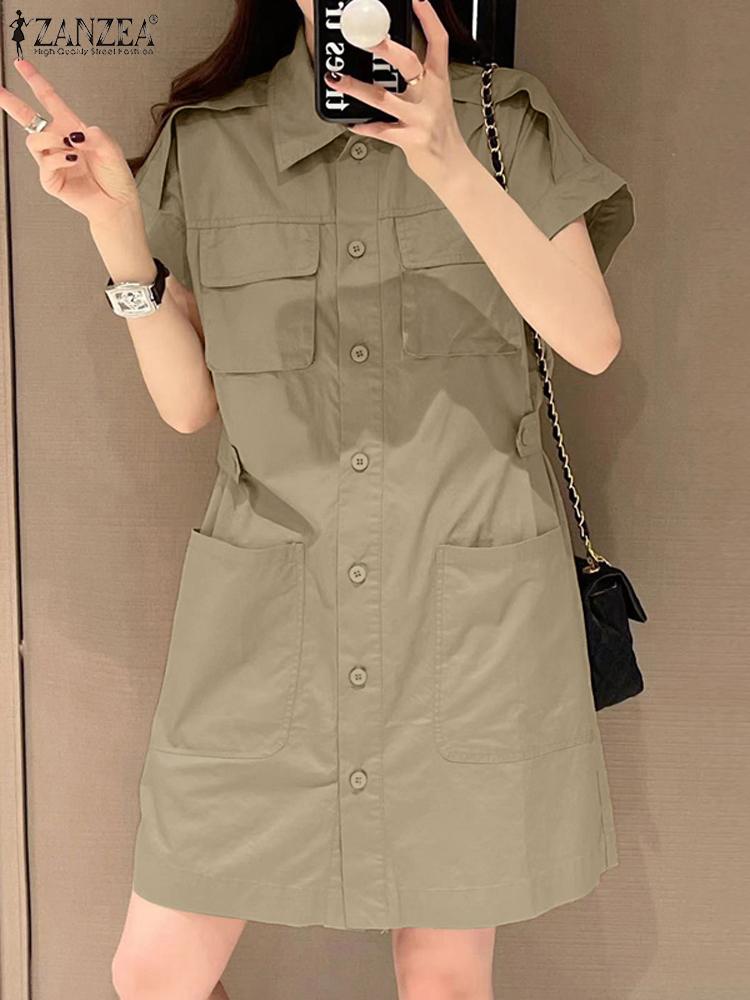 Mode coréenne été Cargo robe ZANZEA femmes à manches courtes col rabattu robe d'été décontracté solide fête robe chemise robes