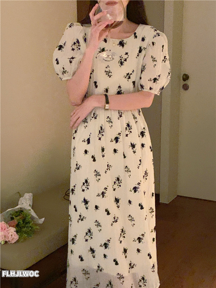 Robe longue vintage à imprimé floral pour femmes, vêtements coréens chics, design pour femmes, vacances d'été, date, filles, col rond, dame élégante, rétro, 2022