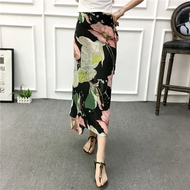 Jupe florale de plage d'été pour femmes, jupe longue en coton, taille haute, avec fente latérale et détails de cravate, Design de Style Boho