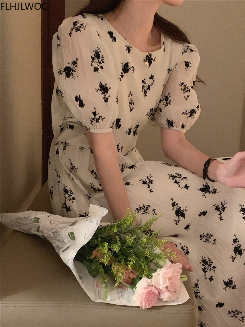 Robe longue vintage à imprimé floral pour femmes, vêtements coréens chics, design pour femmes, vacances d'été, date, filles, col rond, dame élégante, rétro, 2022