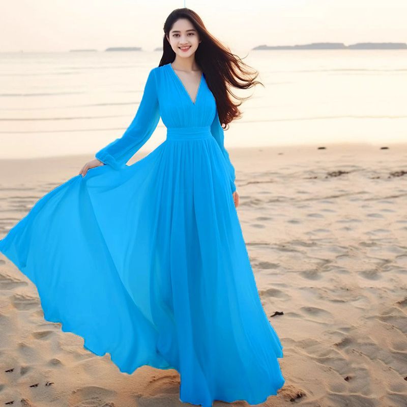 Robe de plage en mousseline de soie pour femmes, nouvelle collection printemps été, manches longues, Sanya, vacances à la plage, élégante, super féerique, longue, grande balançoire