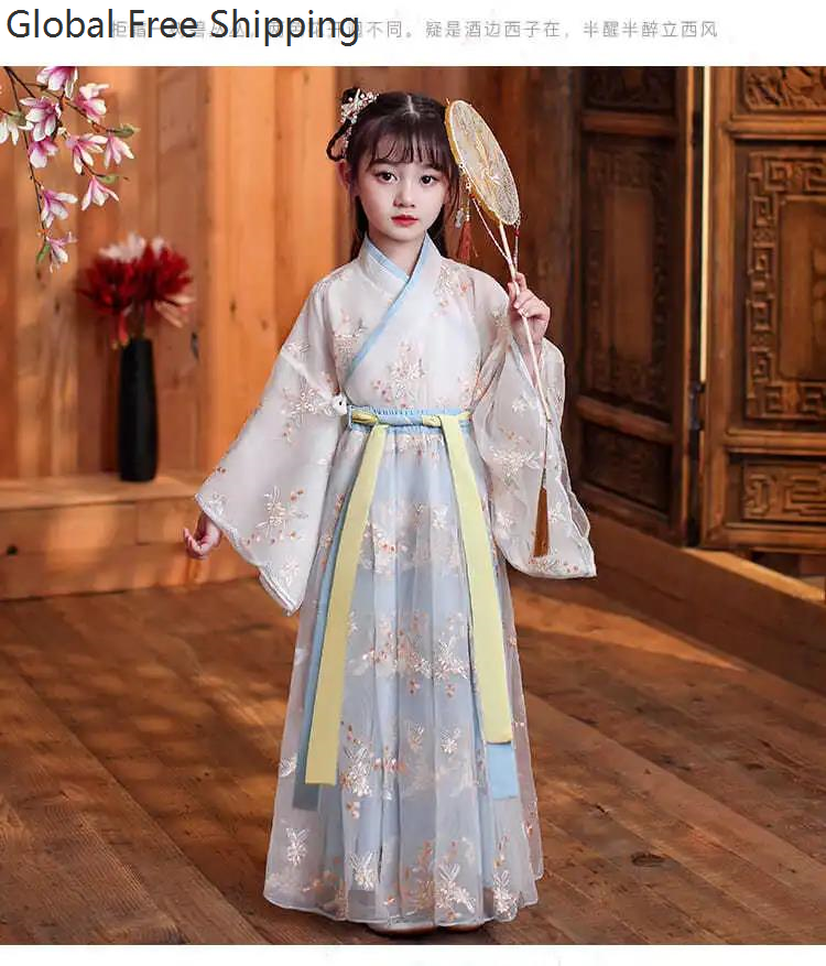 Robe chinoise en soie pour filles et enfants, Kimono traditionnel chinois Vintage ethnique Antique, Costume de danse, ensemble Hanfu Cosplay