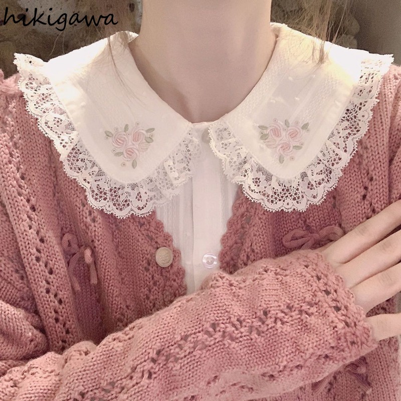Chemises en coton avec broderie florale en dentelle pour femmes, chemisiers à col claudine, manches longues, vêtements doux, 2025