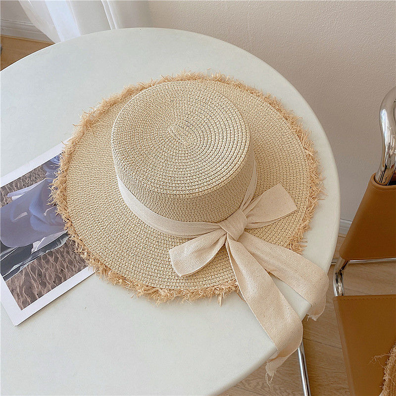 Chapeau de plage japonais tout bord poilu casquette de paille femme été plat haut sortie chapeau de soleil petit nœud frais pare-soleil chapeau de plage