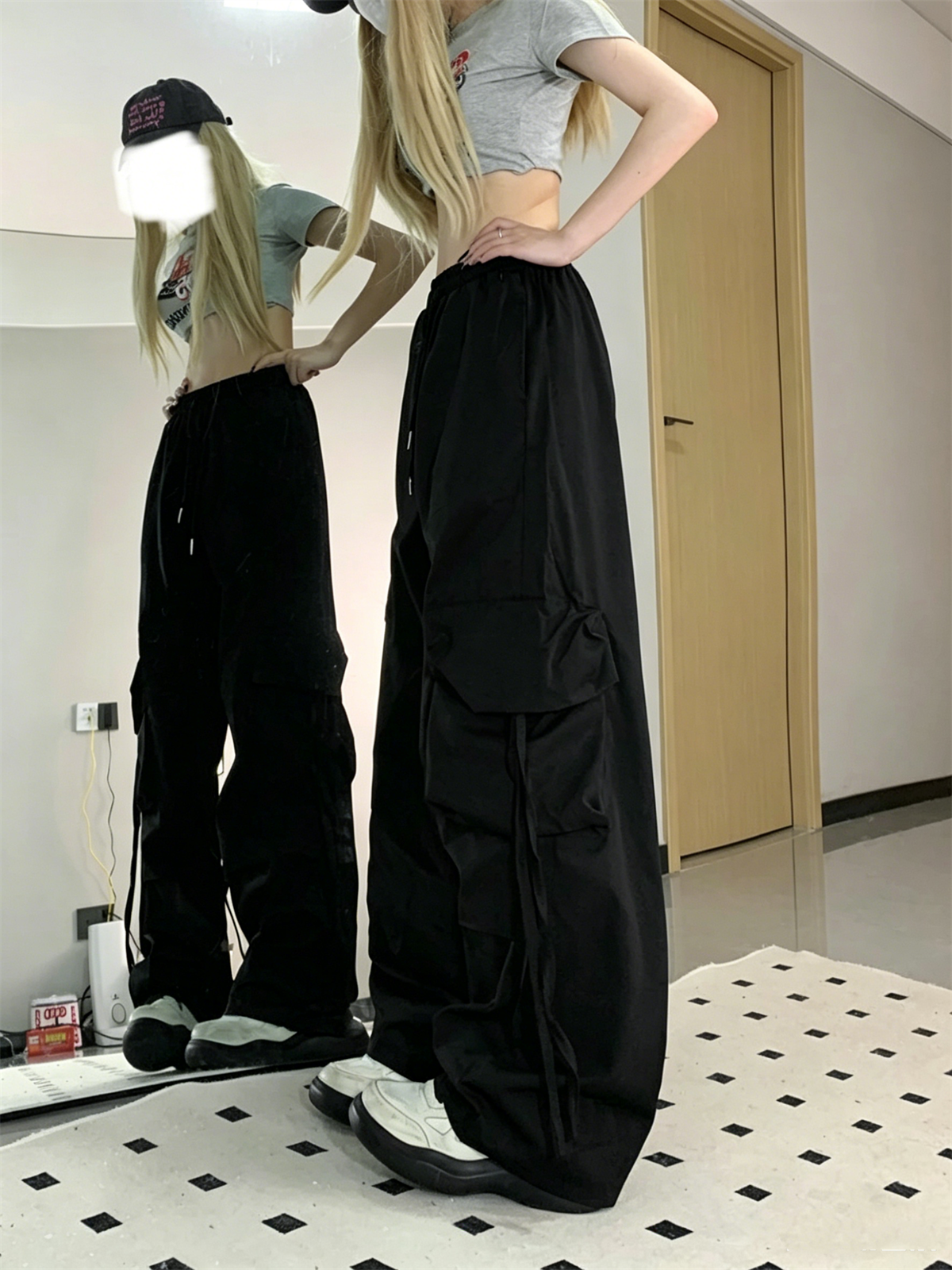 Pantalon cargo vintage pour femme, taille élastique, poches, coupe large, style Y2K, streetwear américain