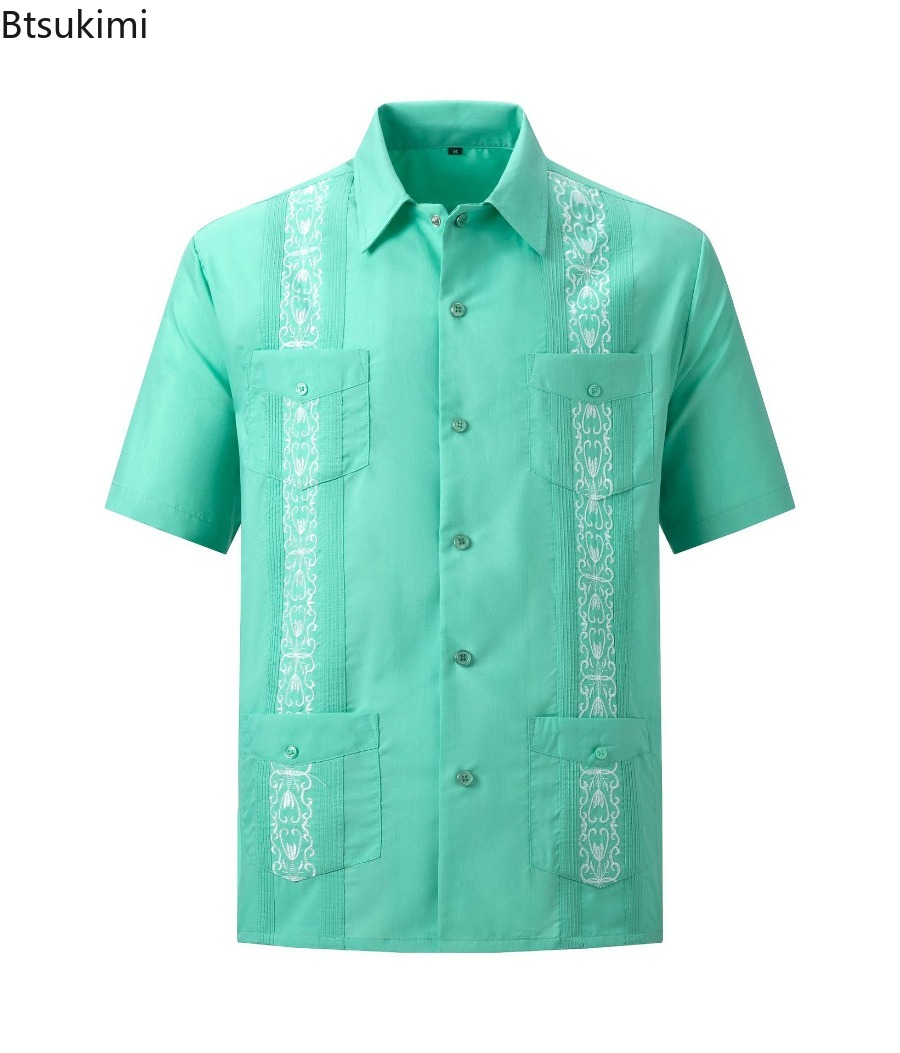 Chemises Guayabera pour hommes, vêtements traditionnels brodés à quatre poches, chemises cubaines mexicaines à manches courtes, nouvelle collection